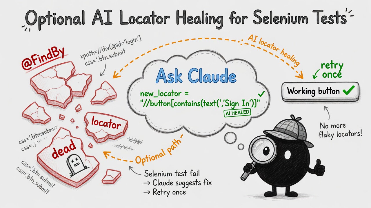 Optional AI healing: broken locator, one retry, then move on or fail loud