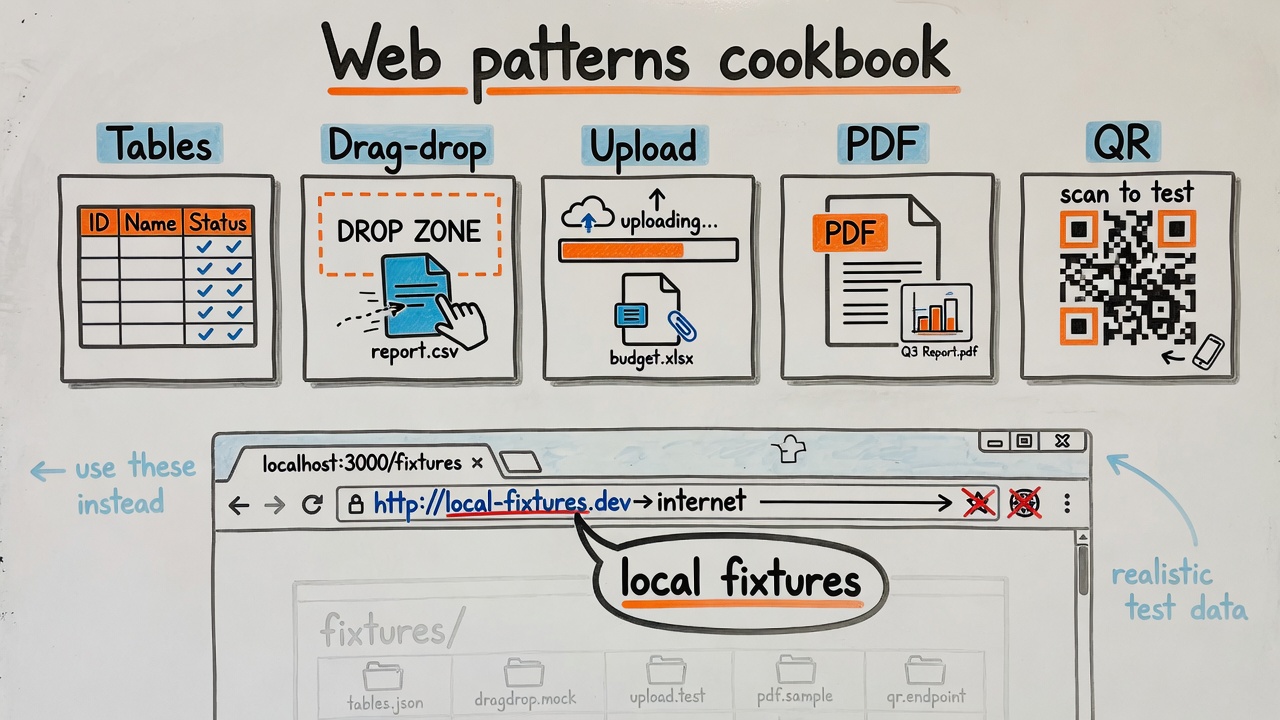 Web patterns cookbook: tables, drag-drop, upload, PDF, QR on local fixtures